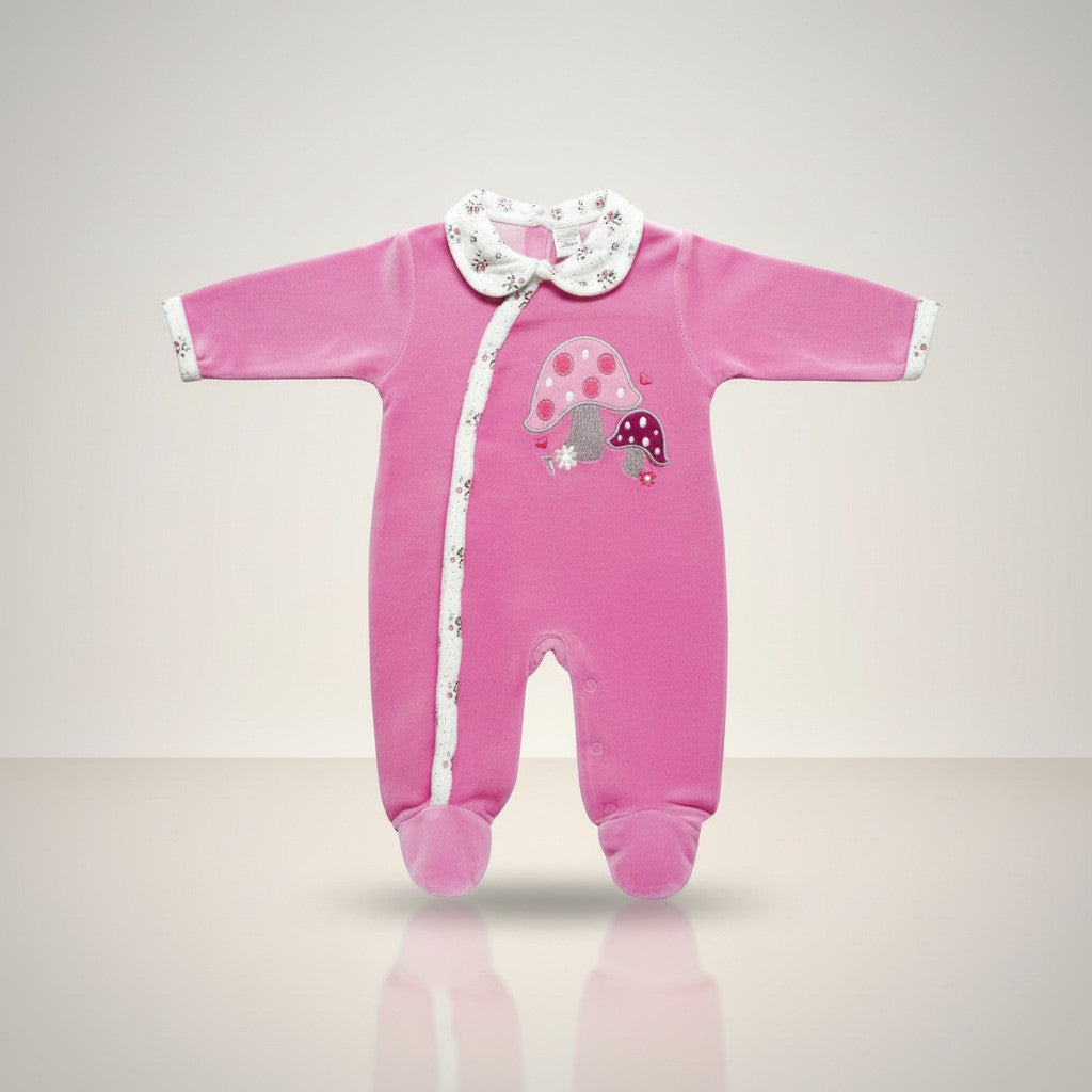 Pink baby onesie with mushroom design on a light gray background