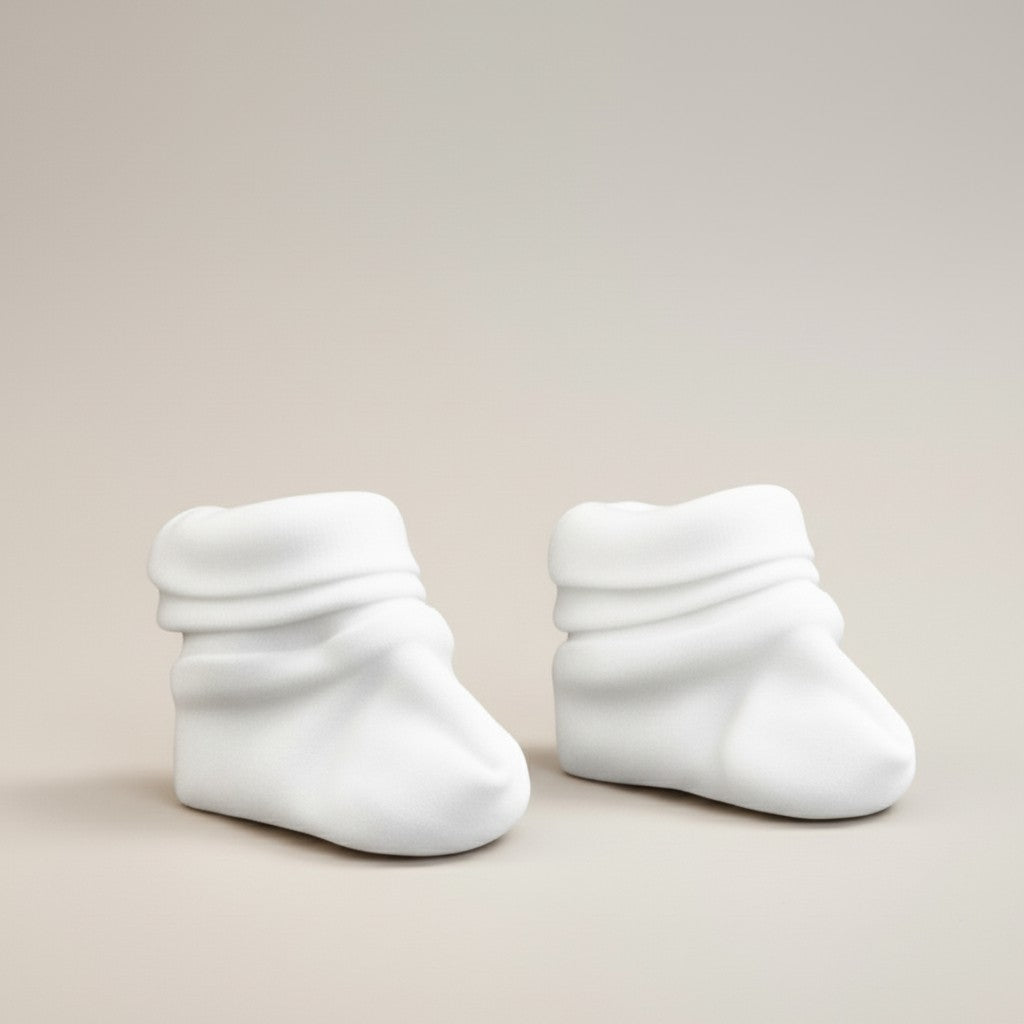 Pair of white baby socks on a beige background