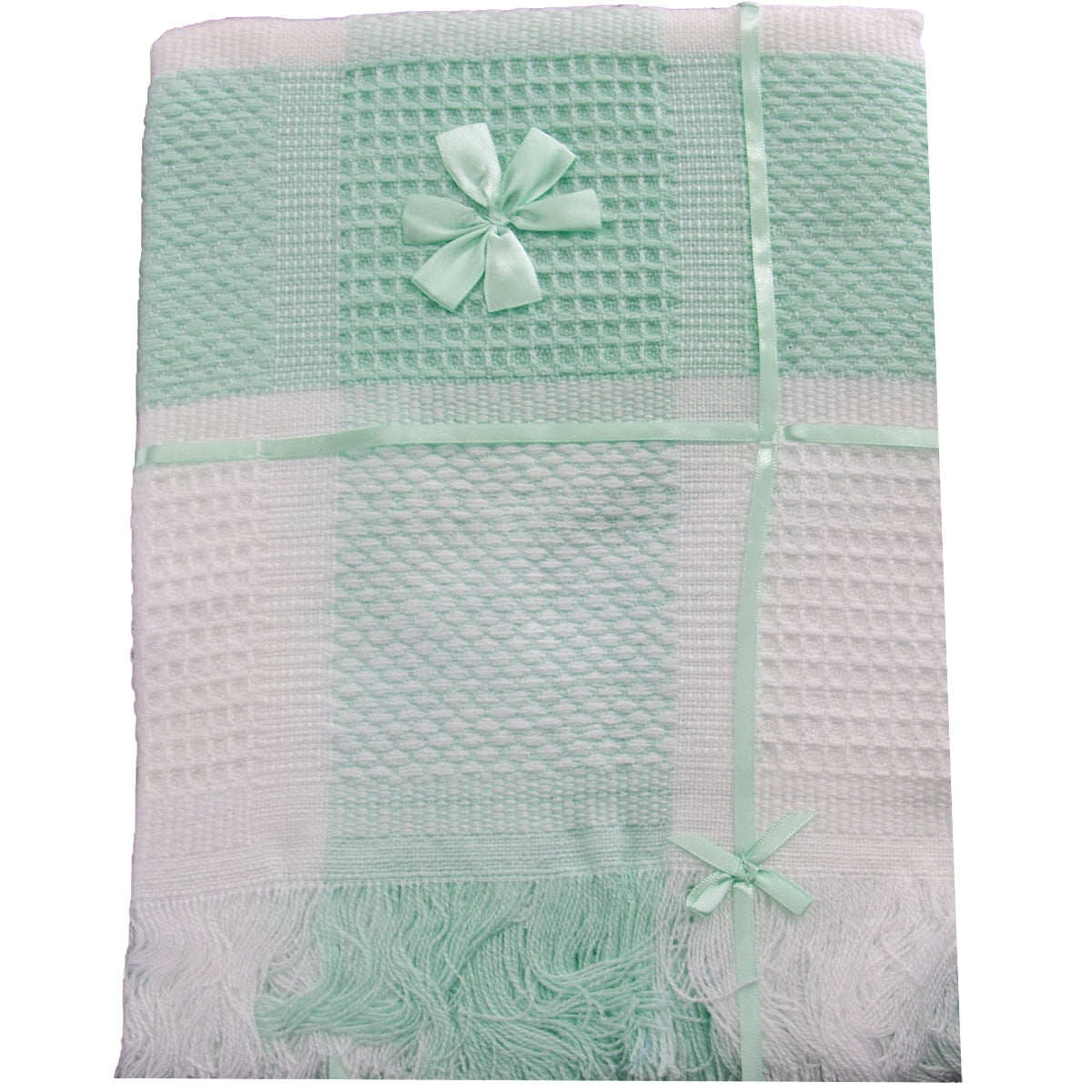 Mint green and white textured blanket with decorative bows on a white background