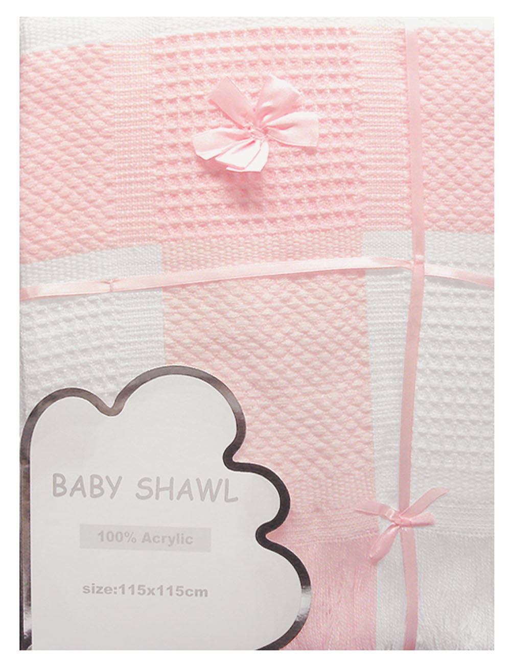 Pink baby shawl with decorative bows on a white background