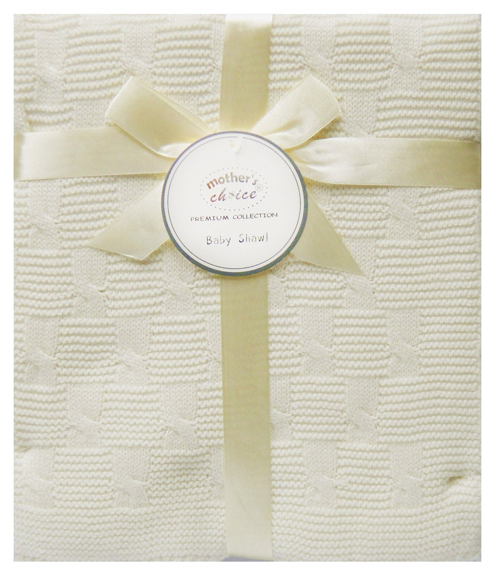 White textured blanket with a yellow ribbon and 'Mother's Choice' tag