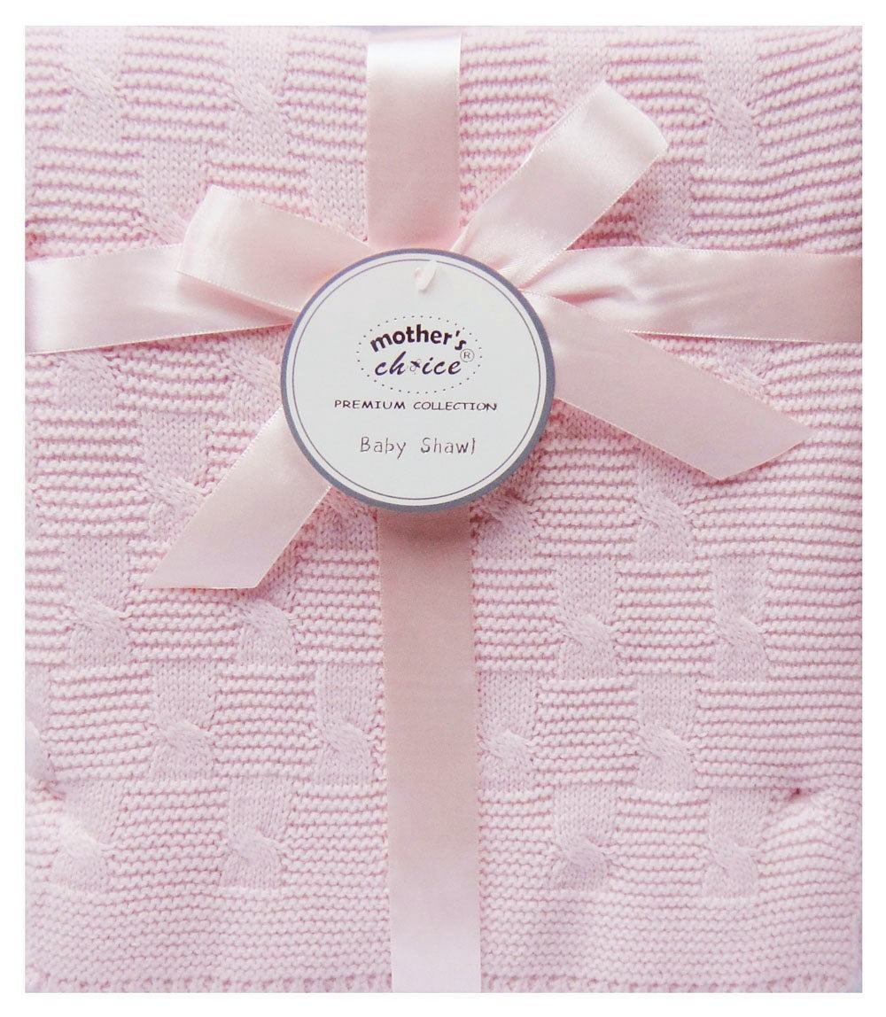 Pink textured blanket with a bow and 'mother's choice' label on a white background