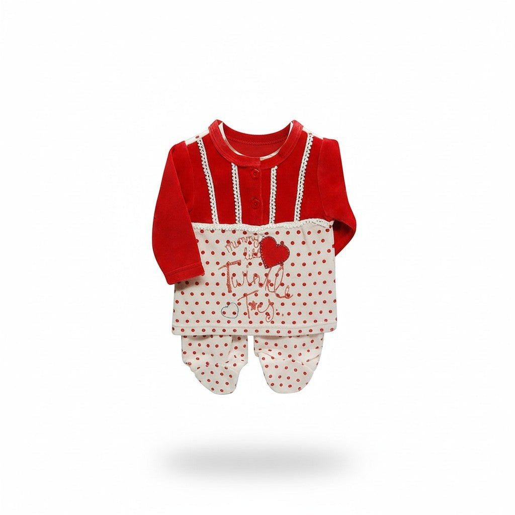 Red top and white polka dot overalls with red heart design on a white background