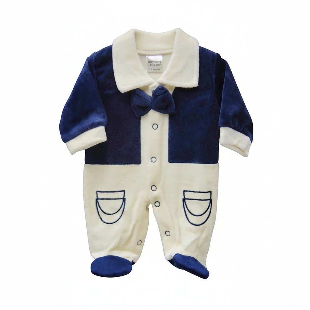 Baby romper with navy blue and white design on a white background
