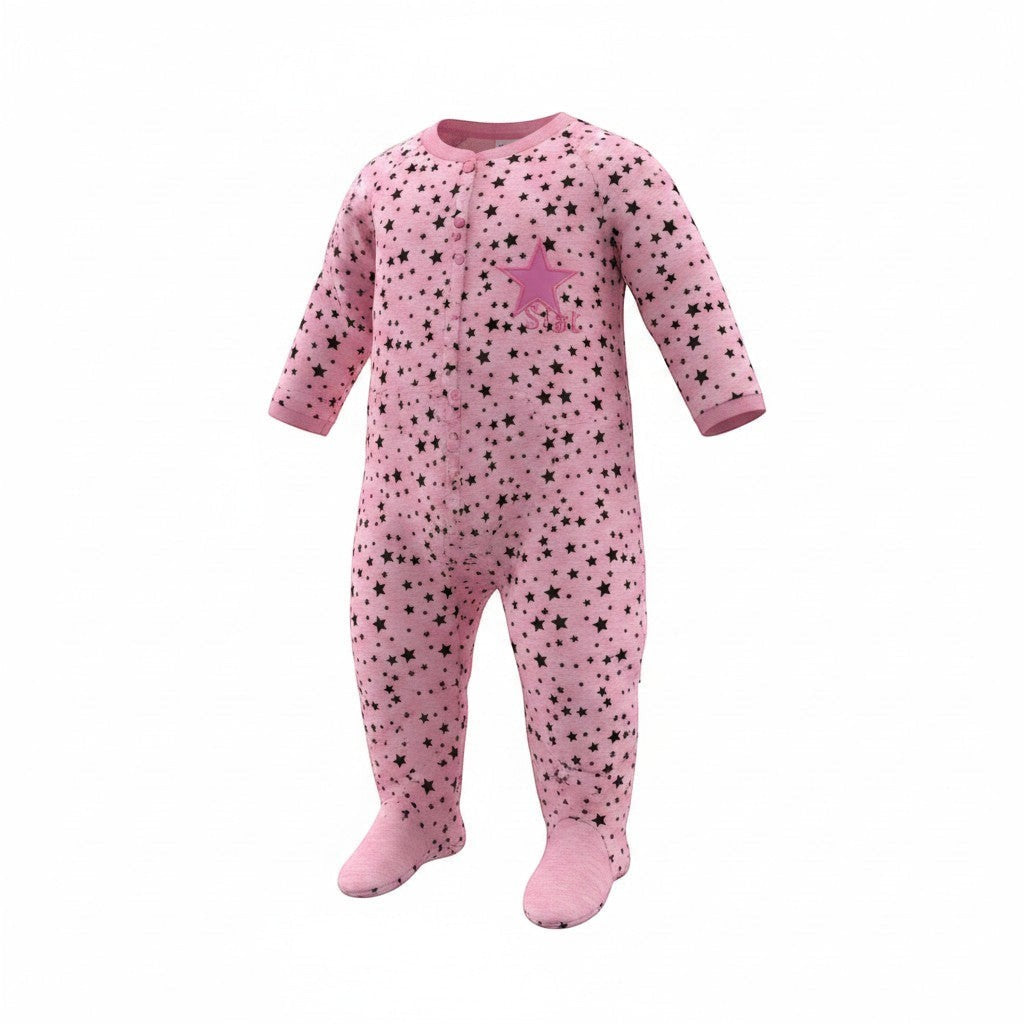 Pink baby onesie with star pattern on a white background