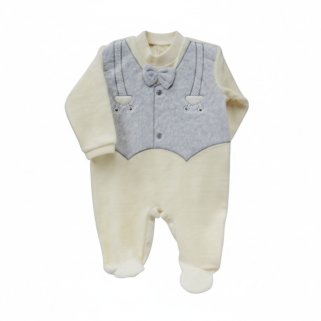 Baby outfit with cream top and pants and gray vest on a white background