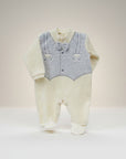 Baby outfit with white shirt, gray vest, and suspenders on a light gray background