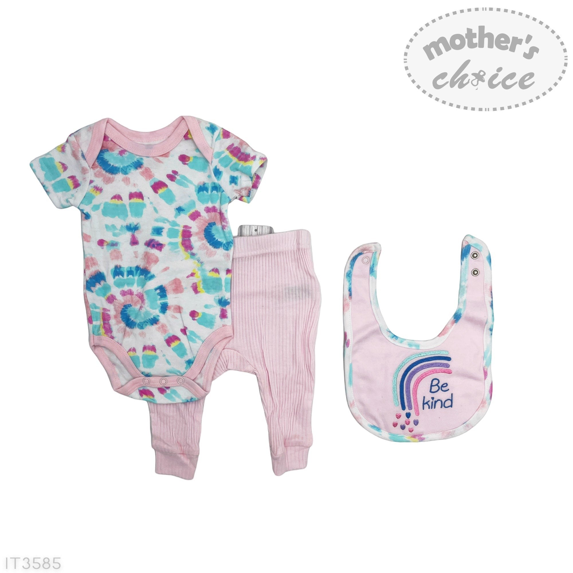 Baby outfit set with tie-dye onesie, pink pants, and bib with 'Be kind' message on a white background.