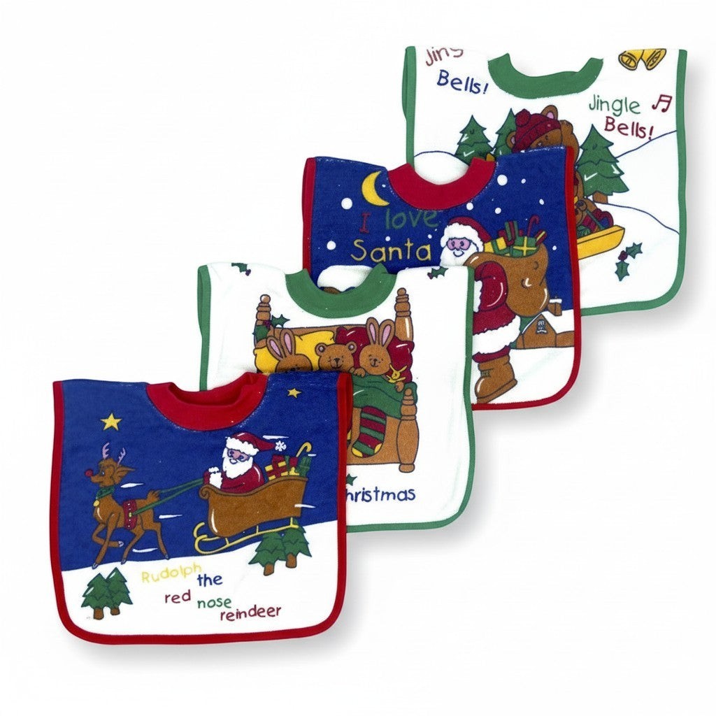 Set of three Christmas-themed baby bibs with Santa Claus, reindeer, and festive designs.