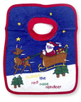 Children's bib with Santa Claus and reindeer design on a blue background