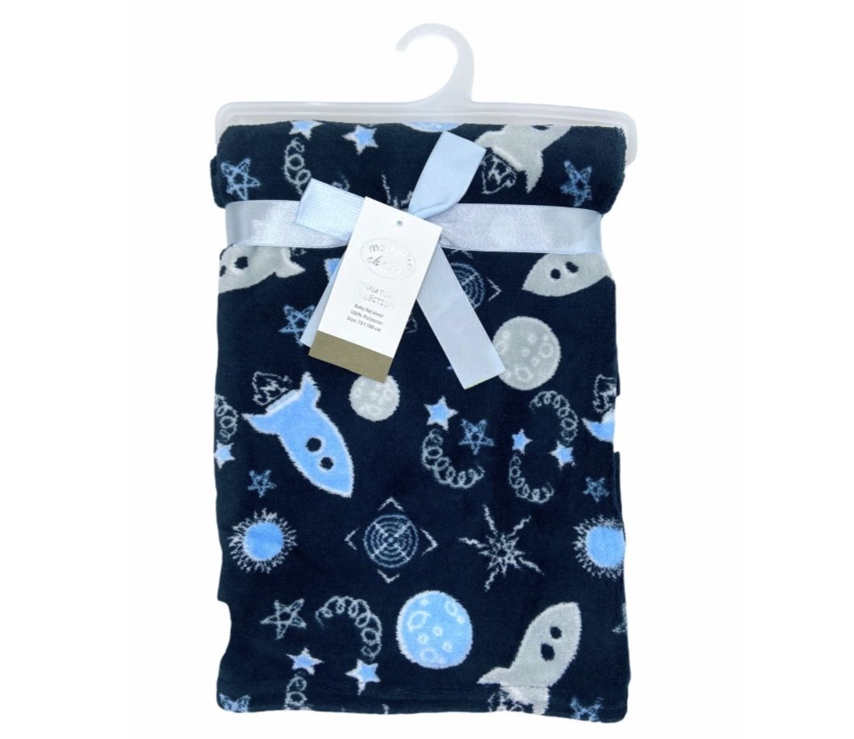 Navy blue blanket with space-themed pattern on a white background