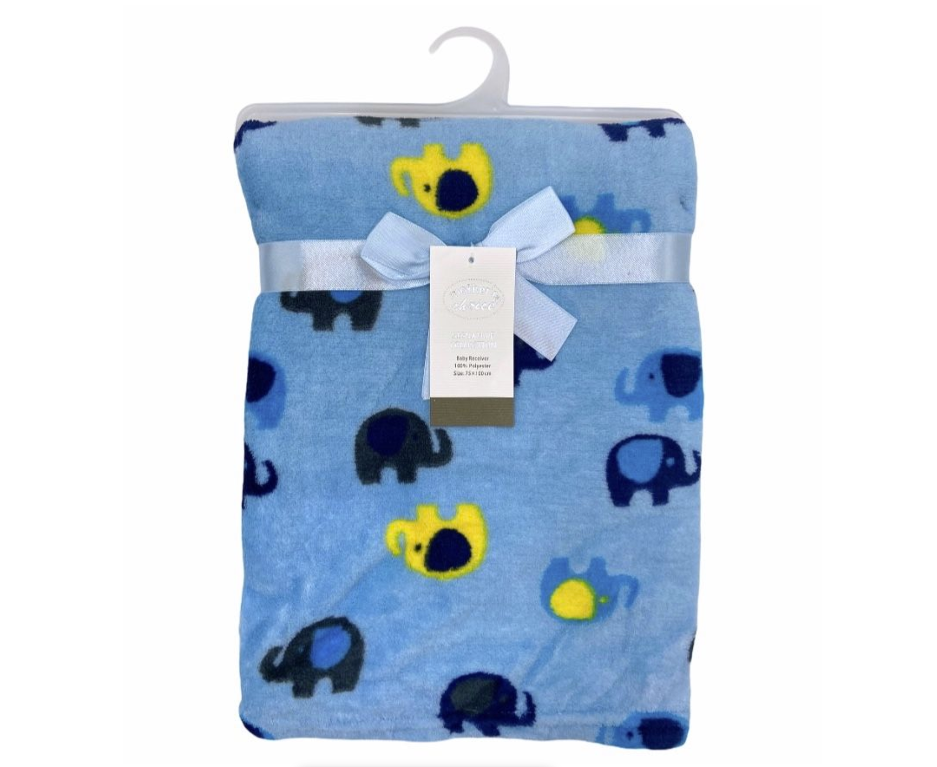 Blue baby blanket with elephant pattern on a white background