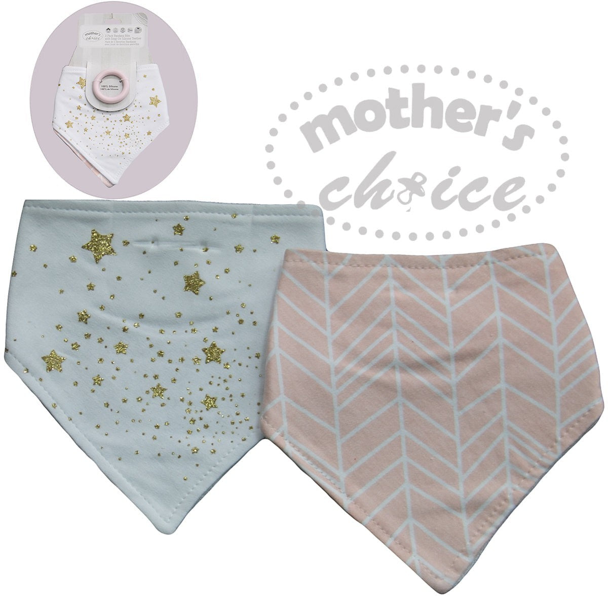 Two baby bibs with star and chevron patterns on a white background, branded 'Mother's Choice'.