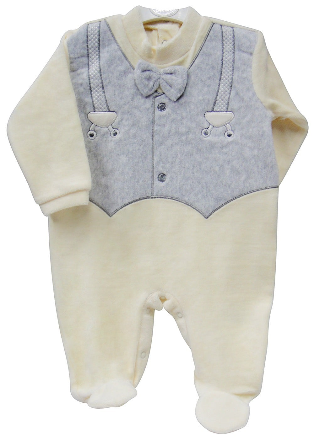 Baby onesie with gray vest and bow tie on a white background