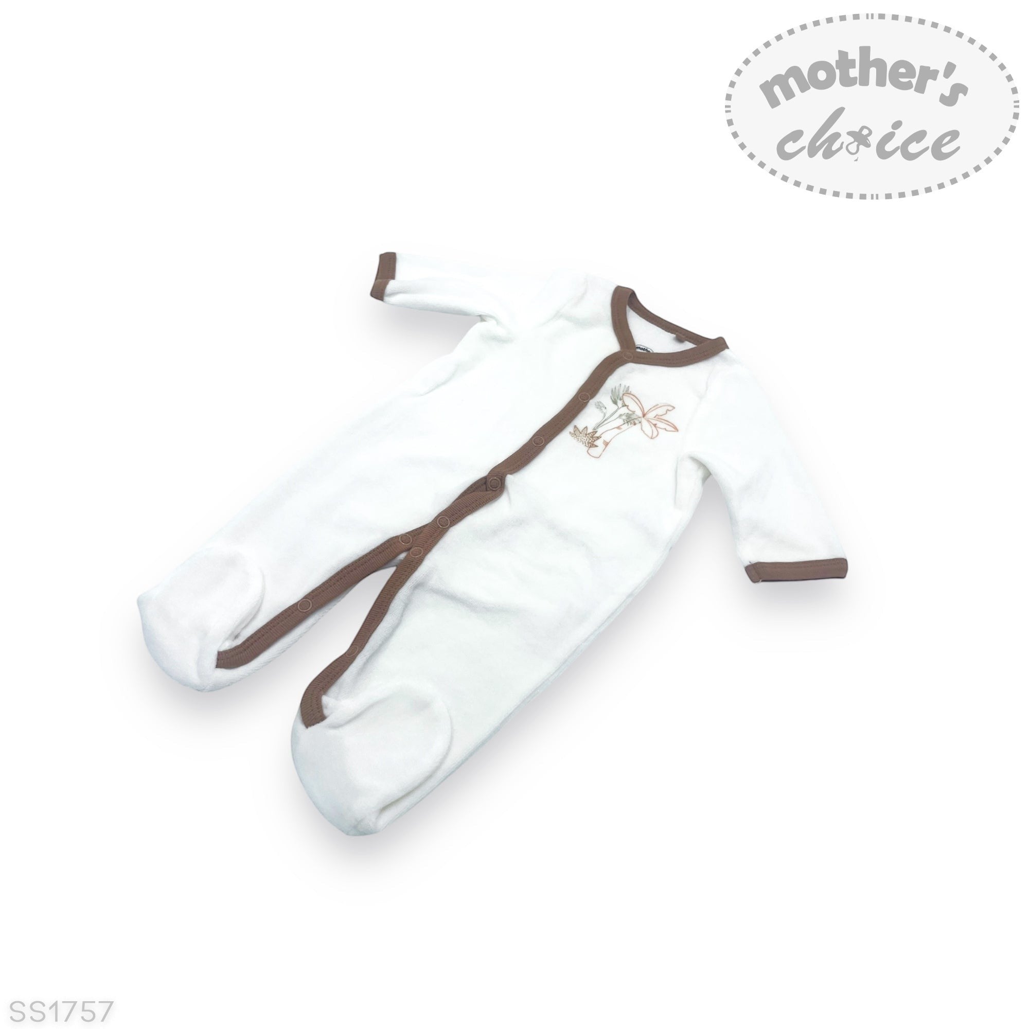 White baby onesie with brown accents on a white background, featuring 'Mother's Choice' branding.