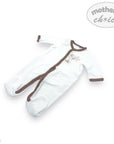 White baby onesie with brown accents on a white background, featuring 'Mother's Choice' branding.