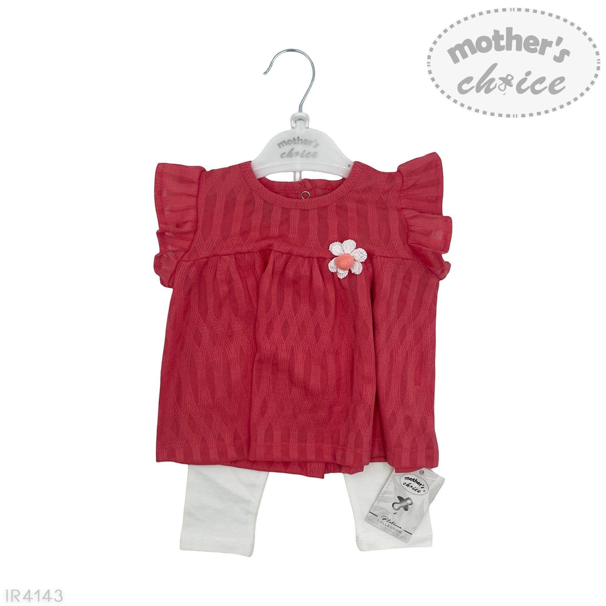 Red baby outfit with white pants and a flower detail on a 'Mother's Choice' hanger.