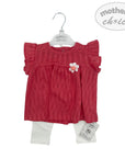 Red baby outfit with white pants and a flower detail on a 'Mother's Choice' hanger.