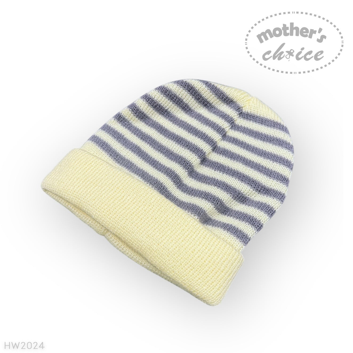 Yellow and gray striped baby hat on a white background with 'Mother's Choice' branding.