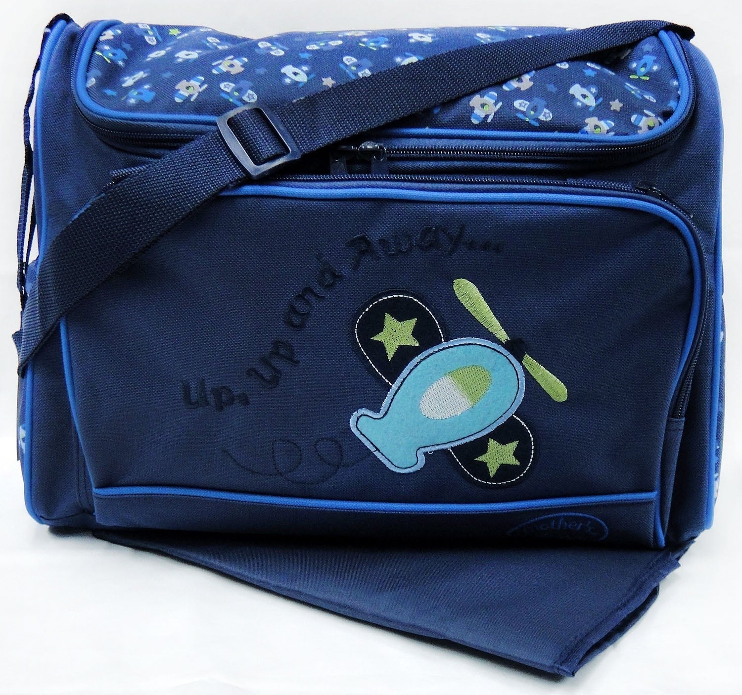 Blue diaper bag with helicopter design and text on a white background