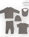 Baby clothing set including a wrap, bib, hat, and onesie on a white background with 'Mother's Choice' branding.