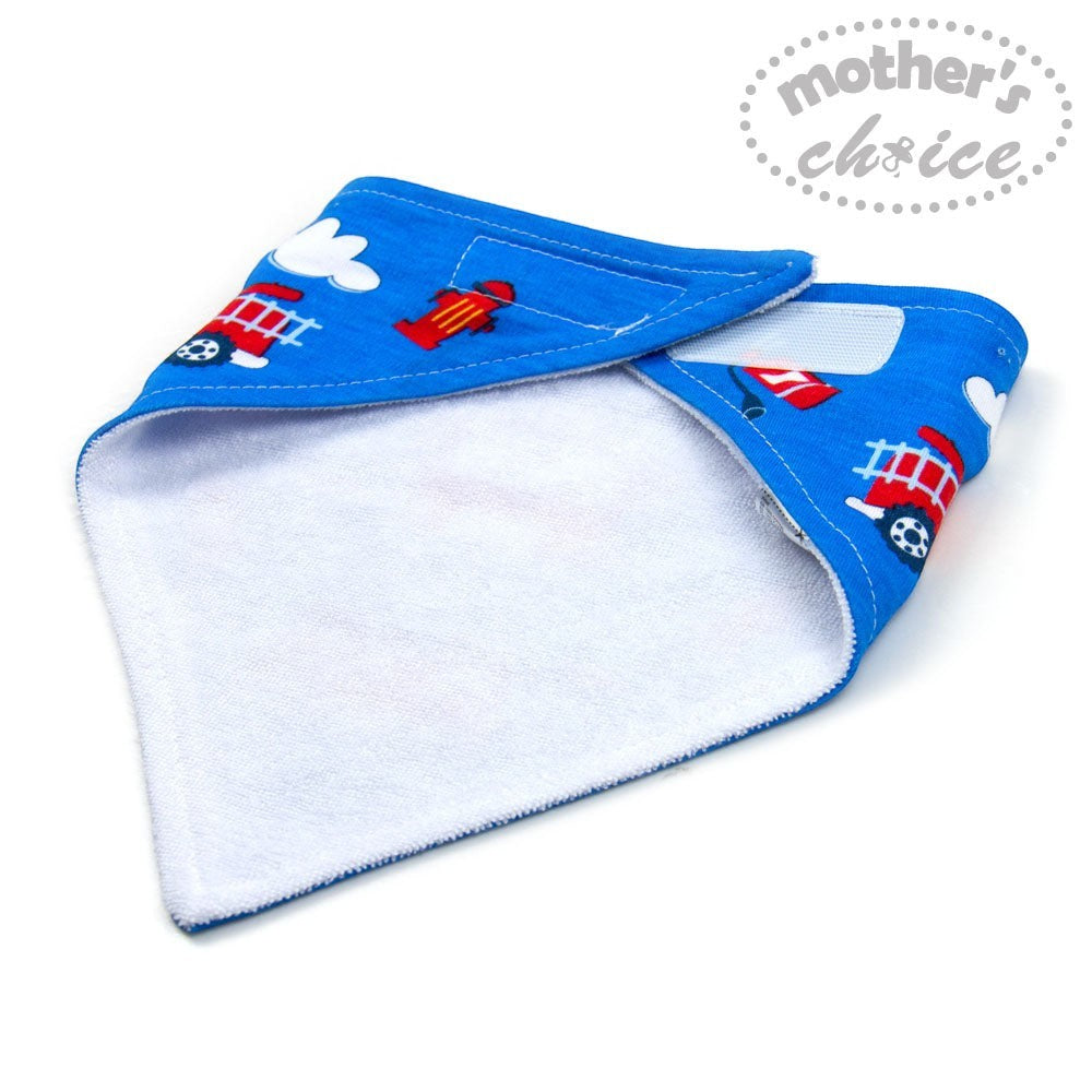 Blue baby bib with red fire truck design on a white background, featuring 'mother's choice' branding.