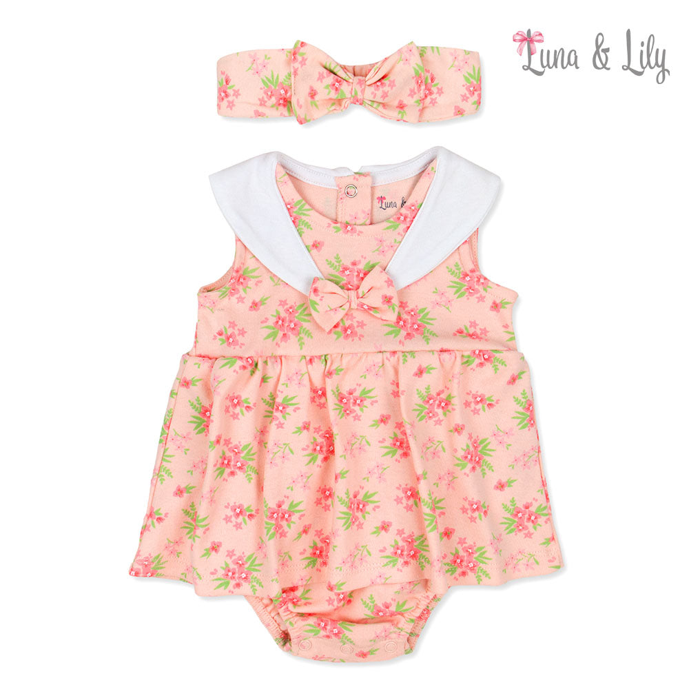 Baby romper with floral pattern and matching headband on a white background, branded 'Luna & Lily'.