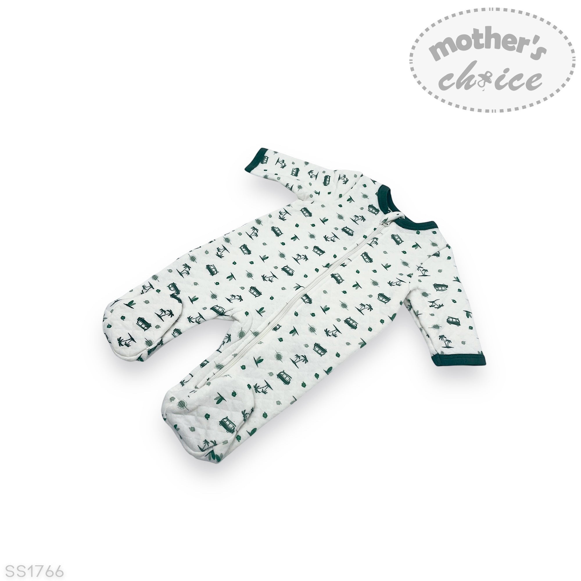 Baby onesie with car pattern on a white background, featuring 'Mother's Choice' branding.