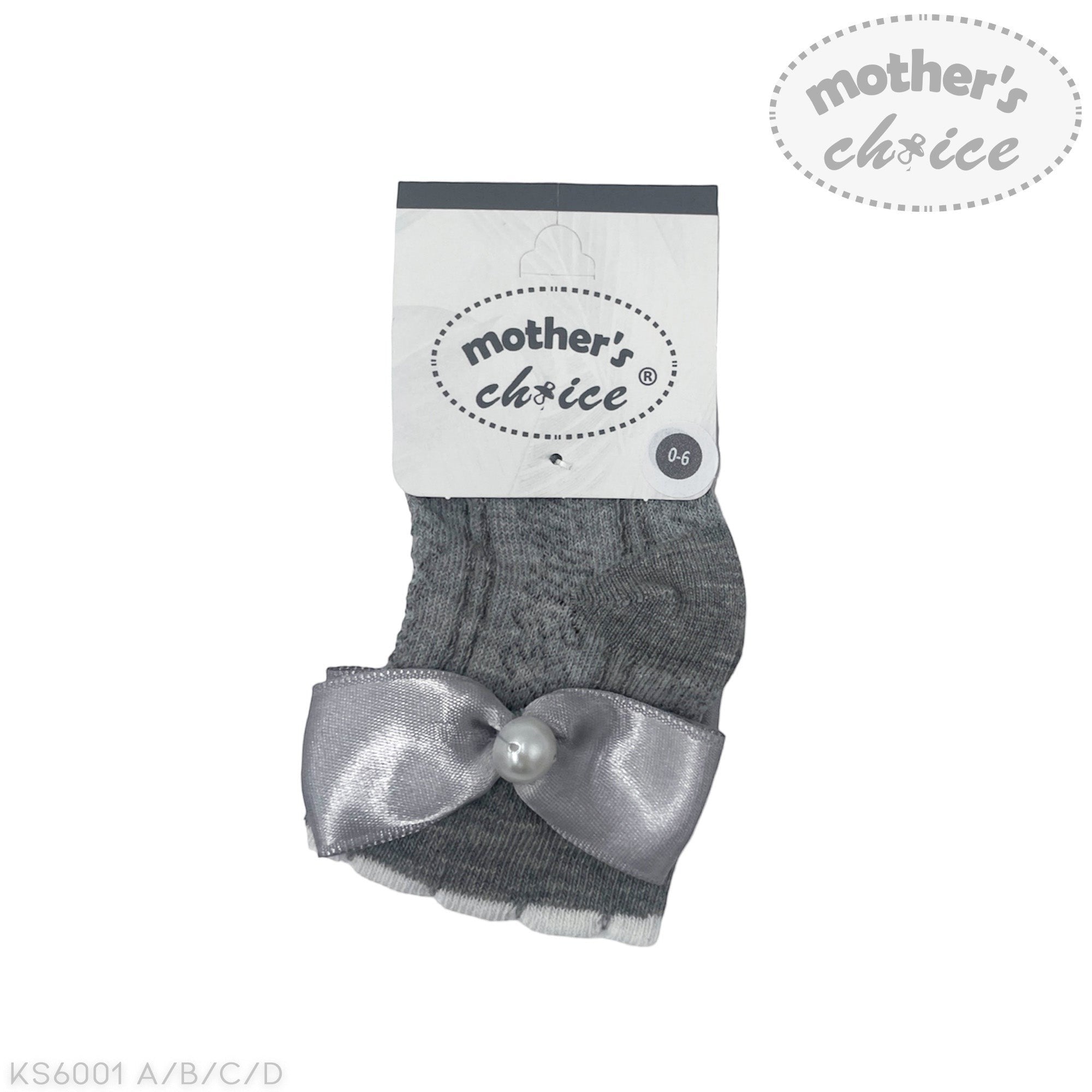 Gray baby sock with a bow and pearl detail on a white background, branded 'Mother's Choice'.