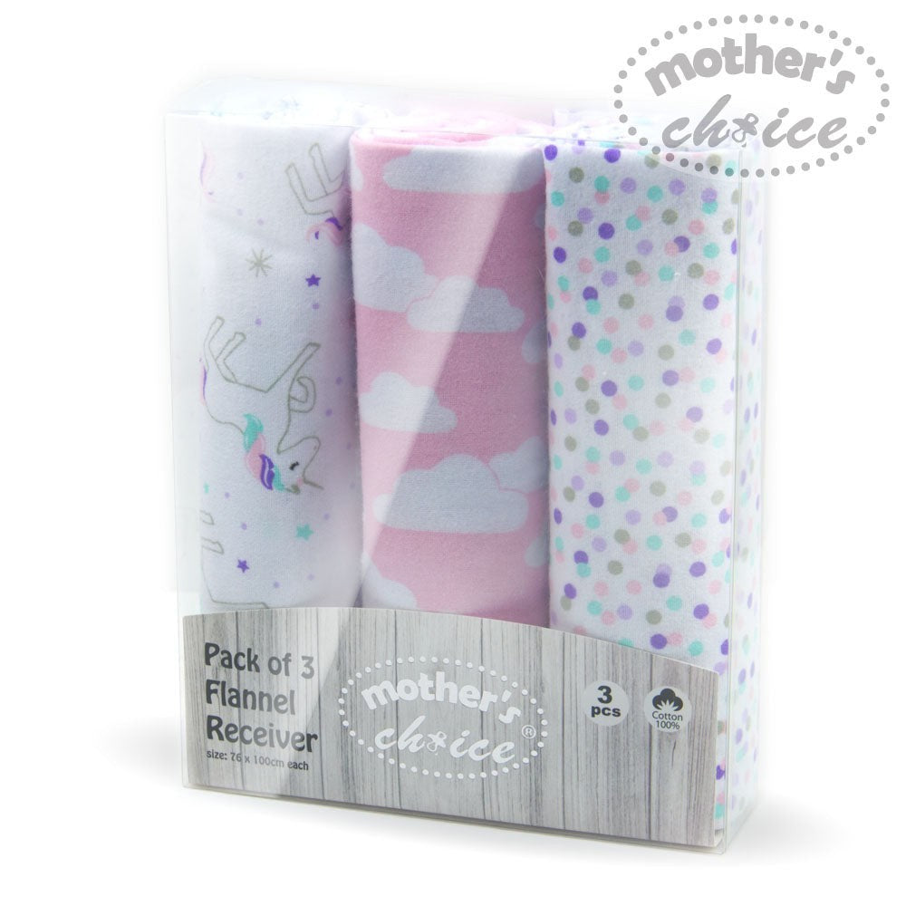 Pack of 3 flannel receiving blankets with 'Mother's Choice' branding on a white background