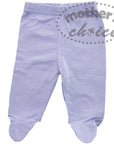 Purple baby pants with footies on a white background, featuring 'mother's choice' text.