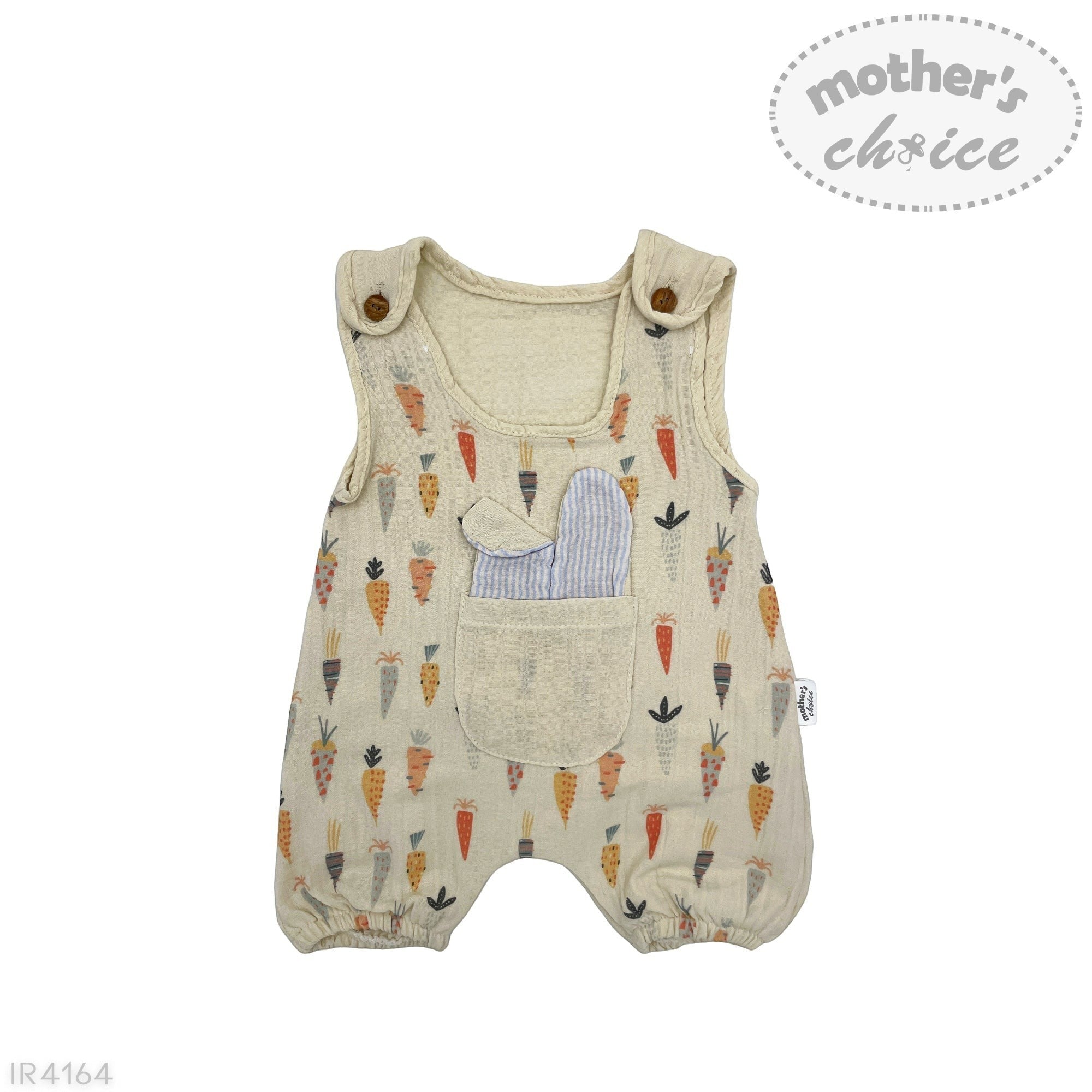 Baby romper with carrot pattern on a white background, branded 'Mother's Choice'.