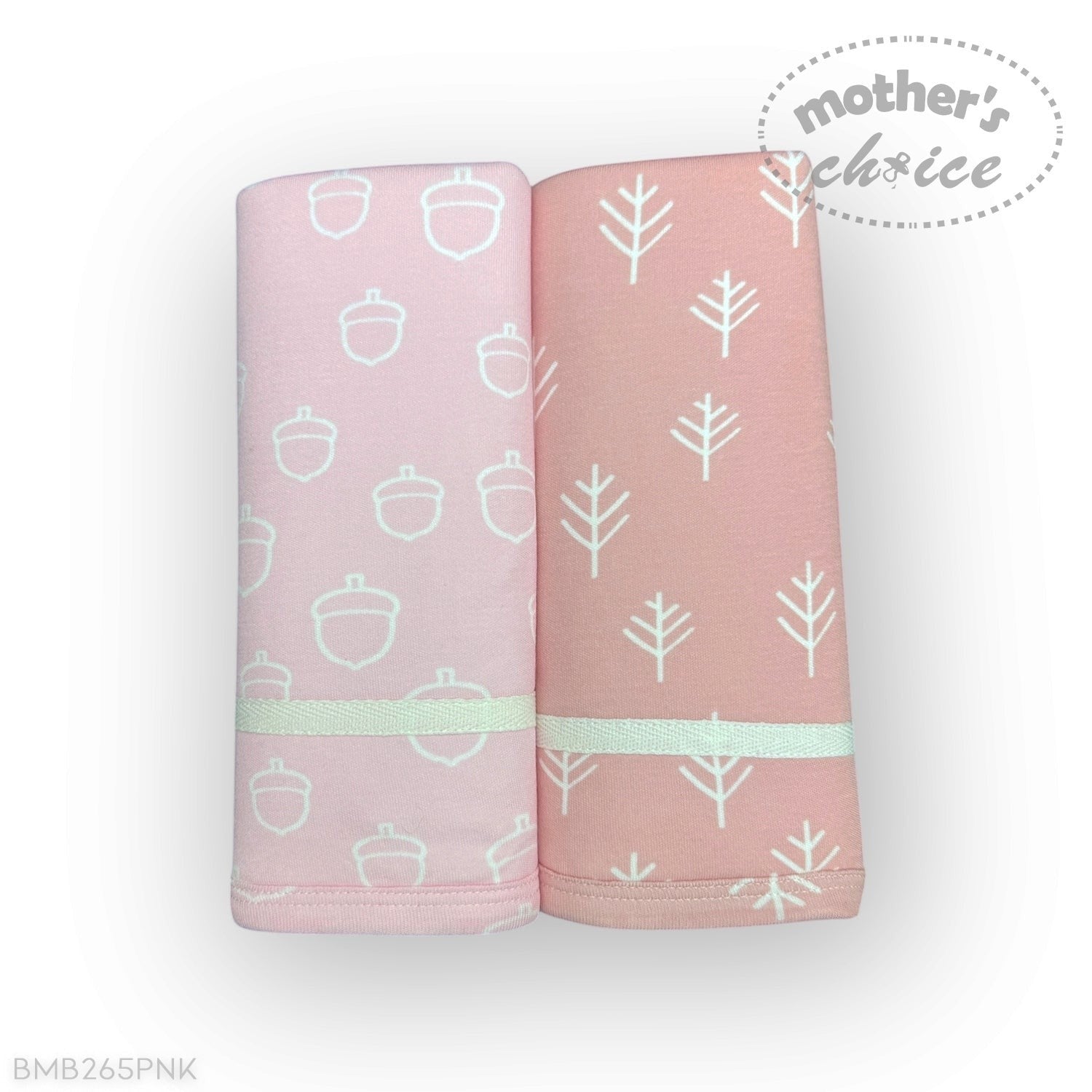 Two pink baby blankets with white patterns on a white background, branded 'Mother's Choice'.