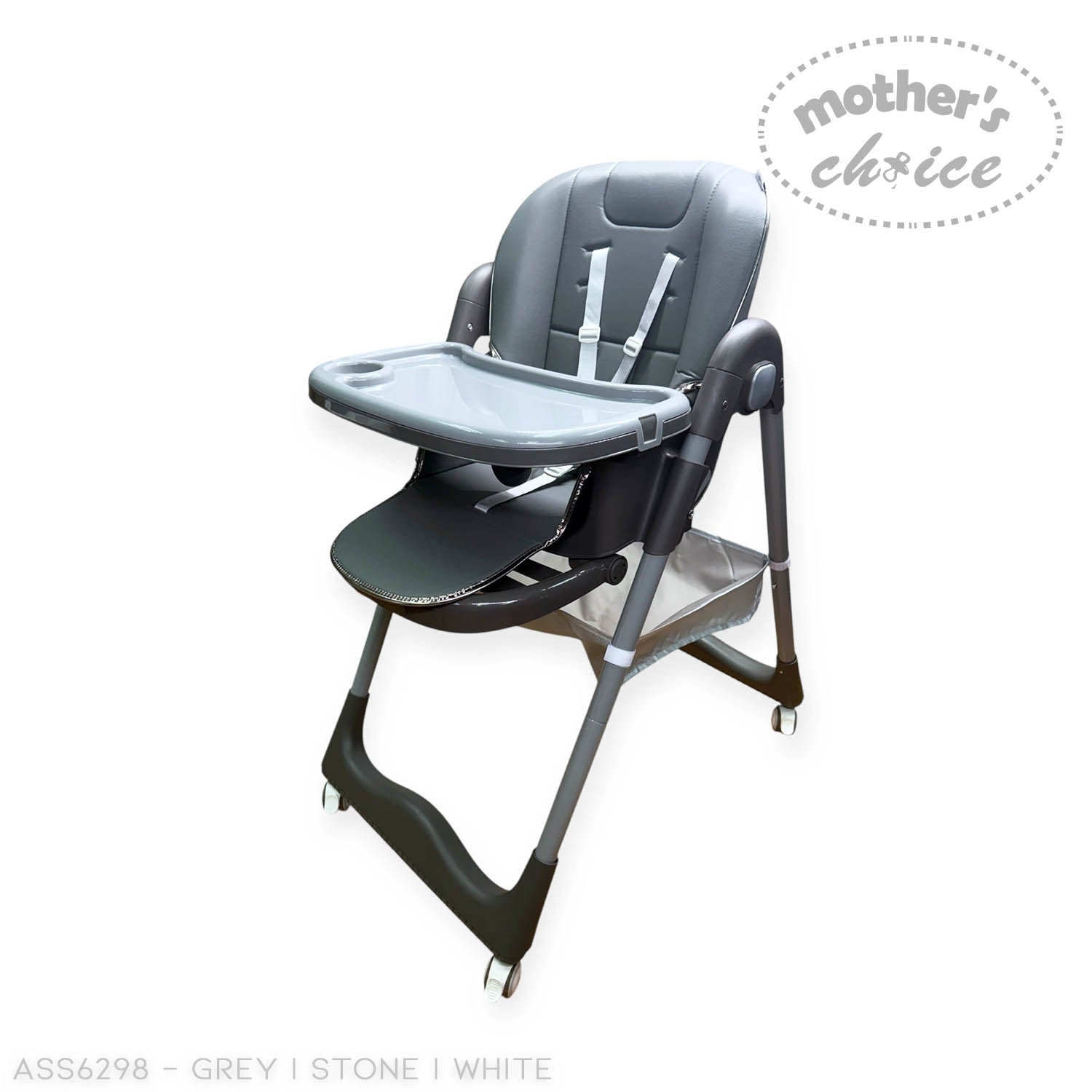 Gray high chair with tray on a white background, featuring 'Mother's Choice' branding.