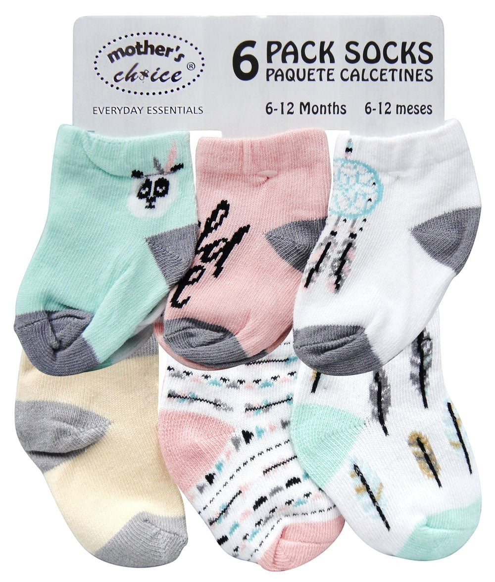 Set of six pairs of baby socks with animal designs on a white background, featuring 'Mother's Choice' branding.