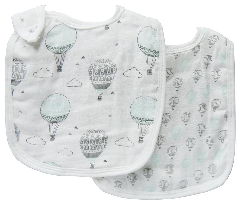 Two baby bibs with hot air balloon pattern on a white background