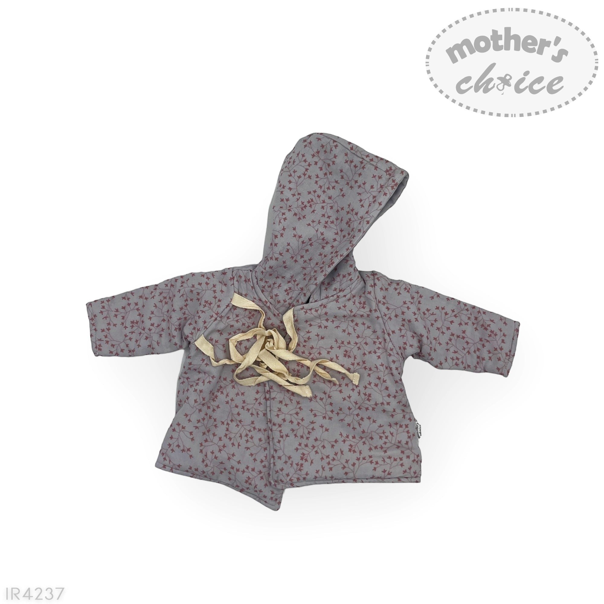 Children's gray hoodie with floral pattern on a white background, featuring 'mother's choice' branding.