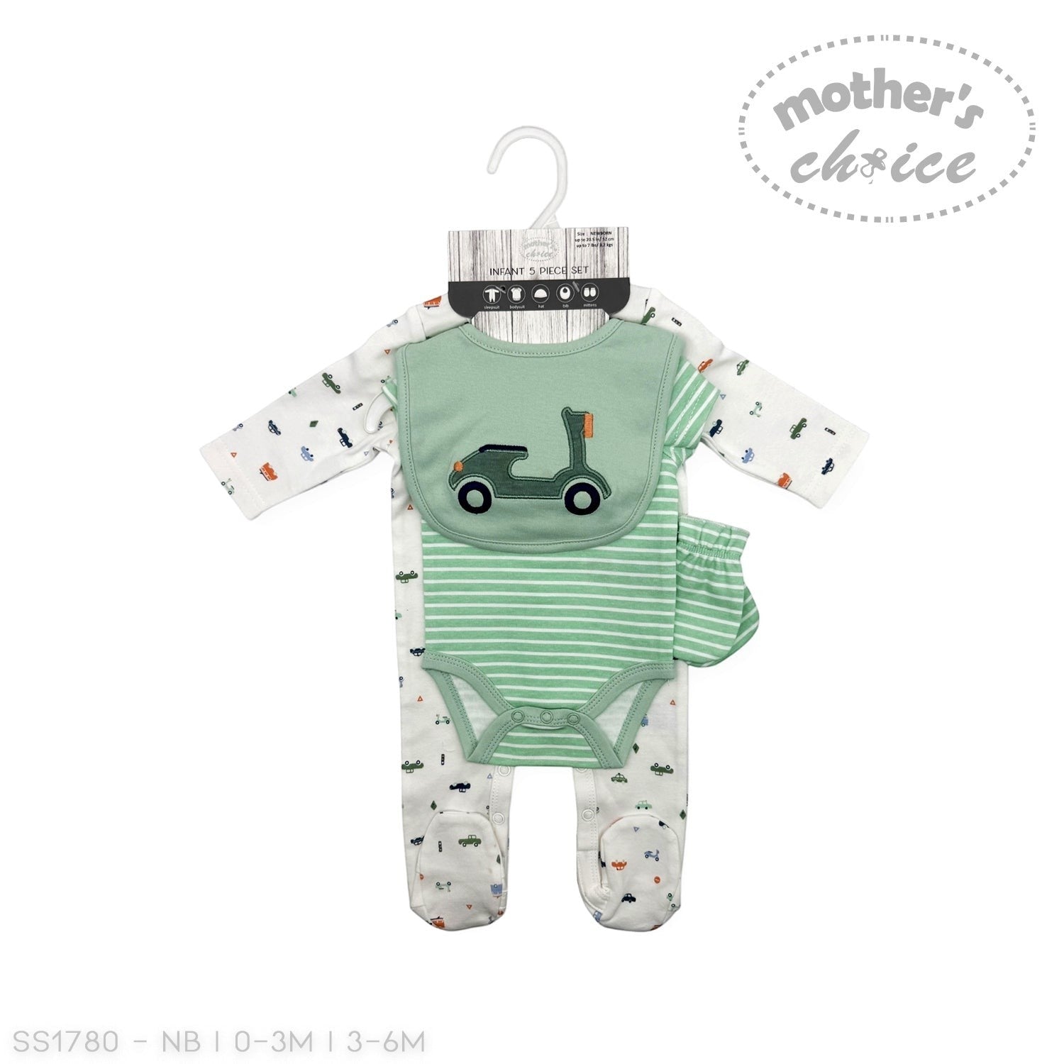 Baby outfit with green bodysuit and white pants on a hanger, featuring 'Mother's Choice' branding.