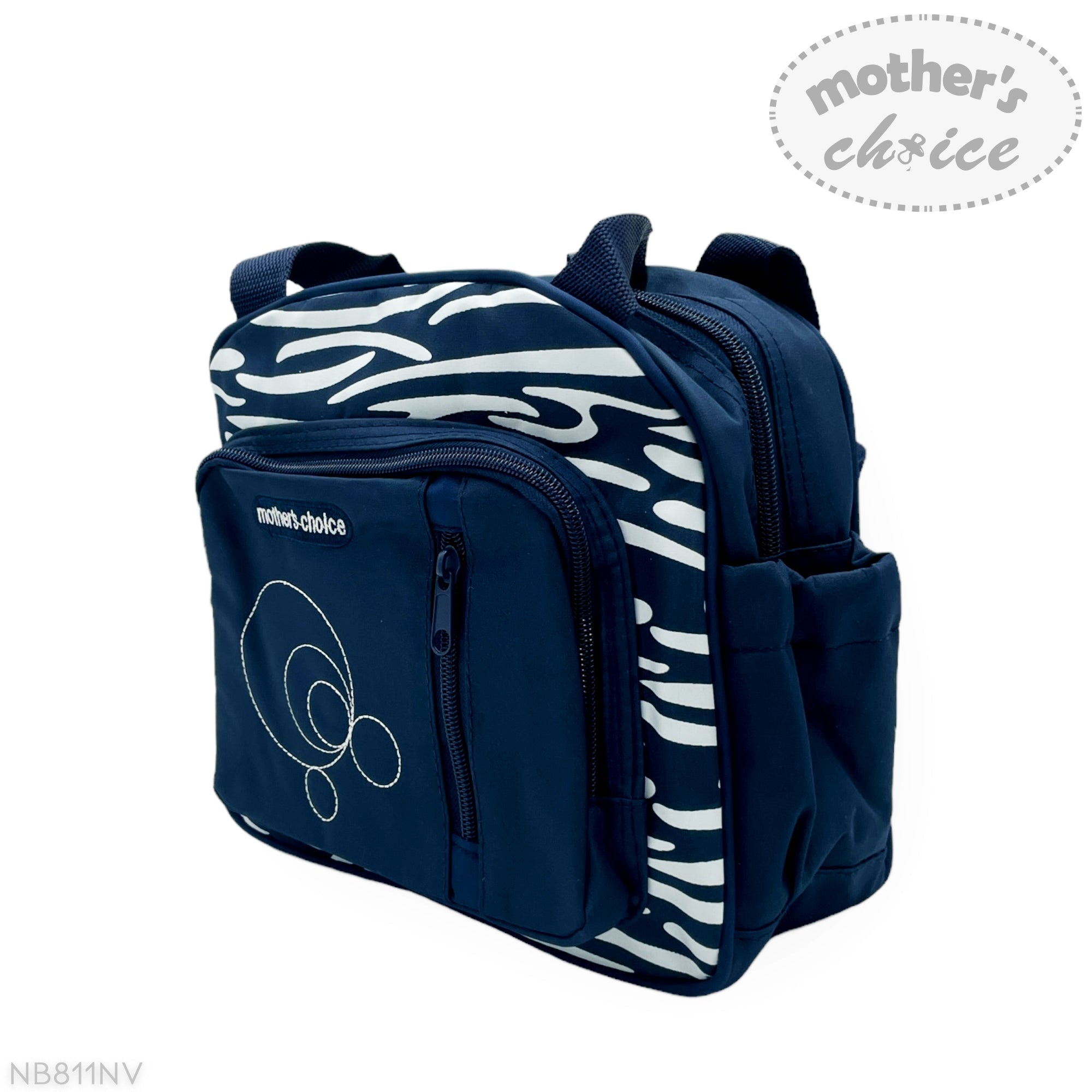Navy blue backpack with zebra pattern on a white background, featuring 'mother's choice' branding.