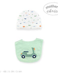 Baby bib and hat set with car design on a white background, branded 'Mother's Choice'.