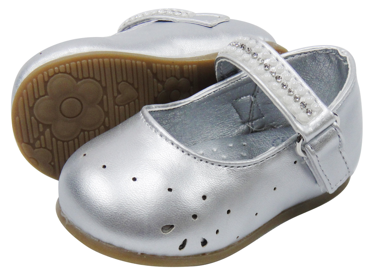 Silver children's shoes with a strap on a white background