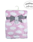 Pink and white cloud-patterned blanket with a gray bow and 'Mother's Choice' tag on a white background.