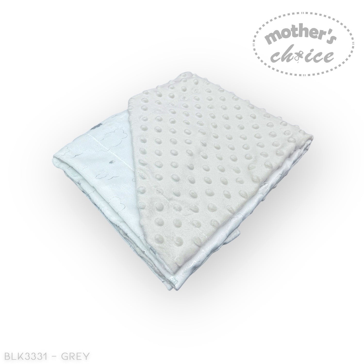 Two baby blankets, one light blue and one gray with a textured surface, on a white background. Brand 'Mother's Choice' visible.