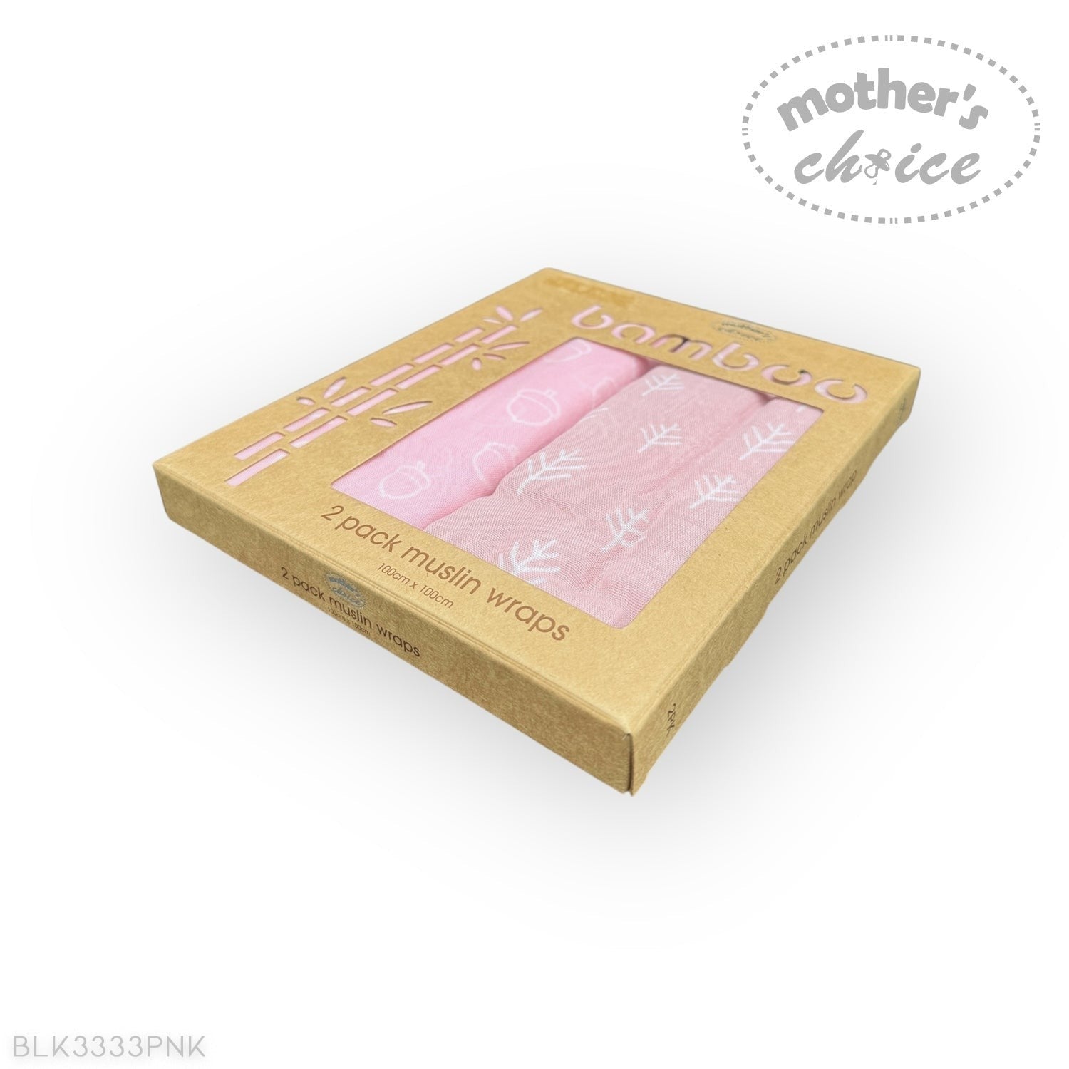 Box of pink bamboo muslin wraps with 'Mother's Choice' branding on a white background