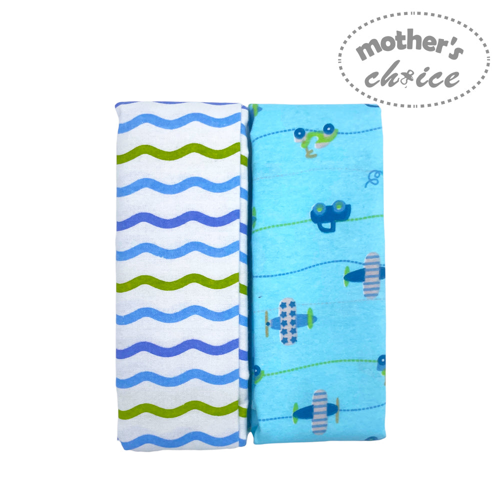 Two folded baby blankets with wavy pattern and airplane design on a white background, branded 'Mother's Choice'.
