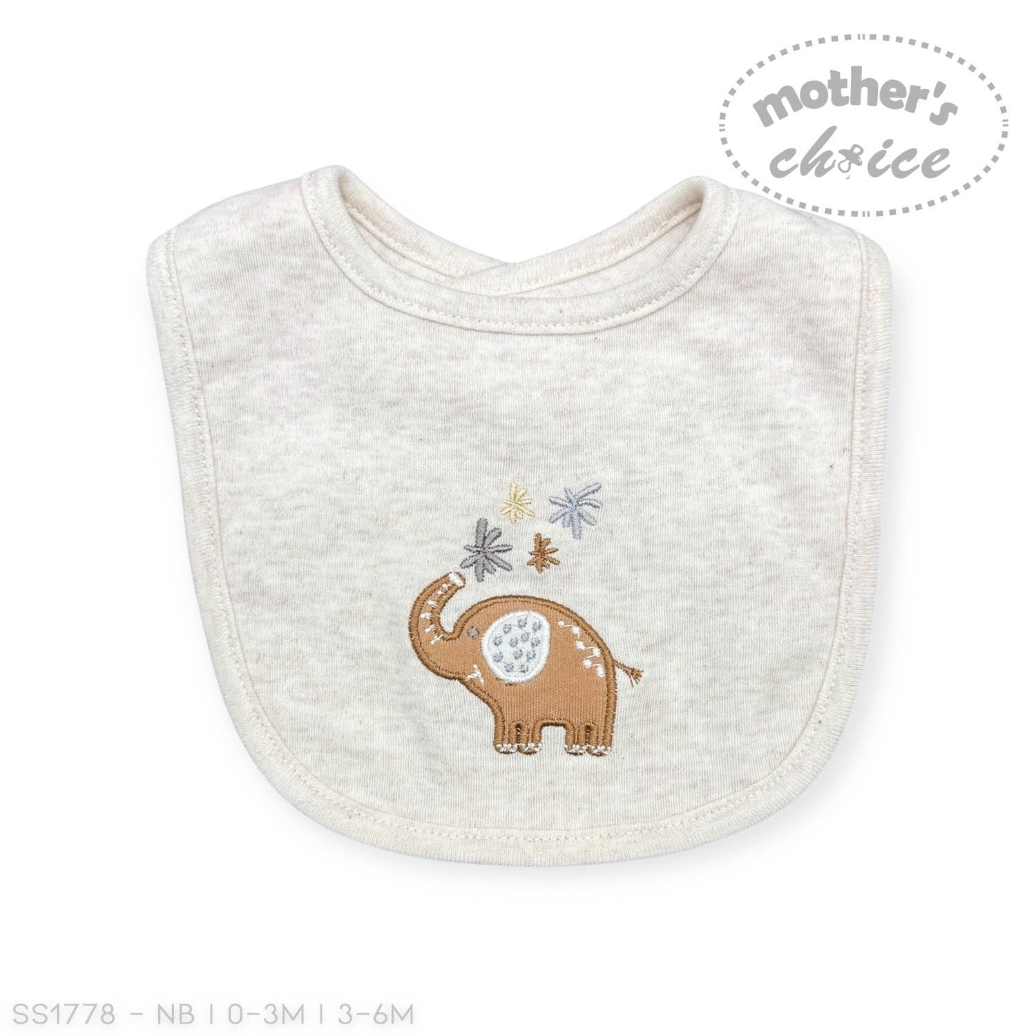 Baby bib with elephant design and 'Mother's Choice' branding on a white background