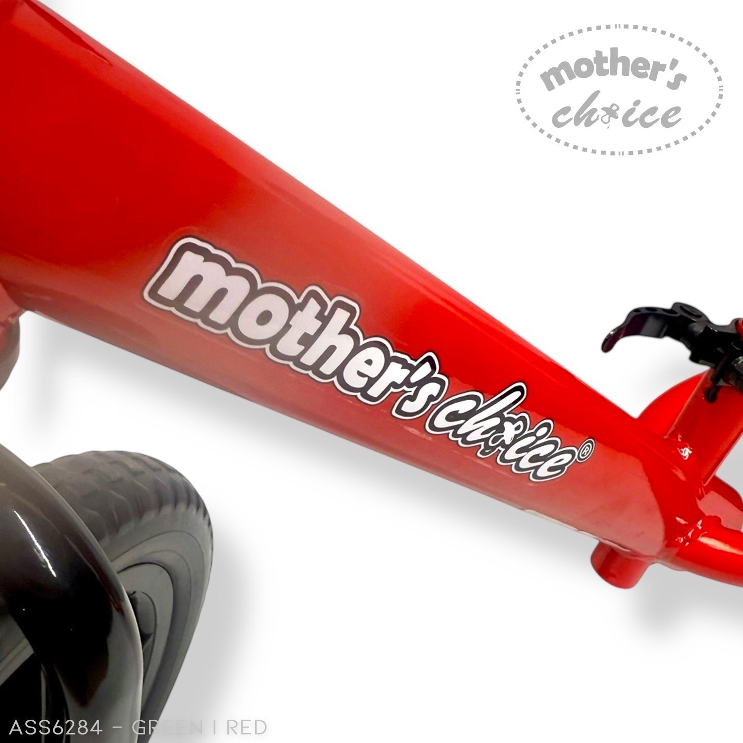 Red scooter frame with 'mother's choice' branding on a white background