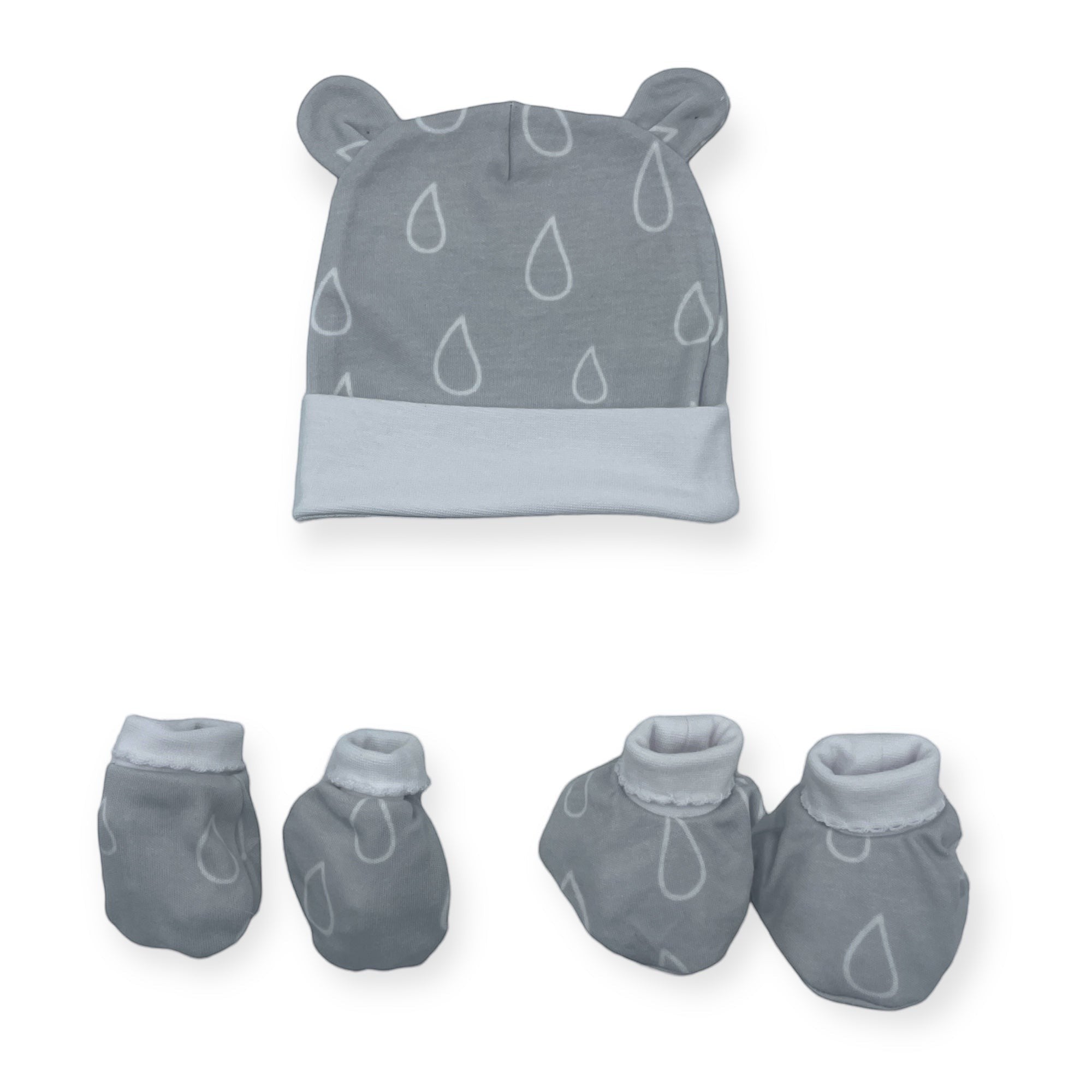 Gray baby hat and booties set with leaf pattern on a white background