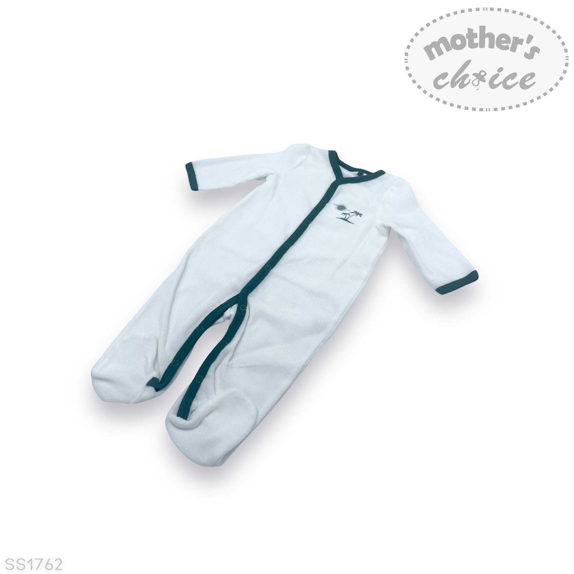 White baby onesie with green trim on a white background, featuring 'mother's choice' branding.