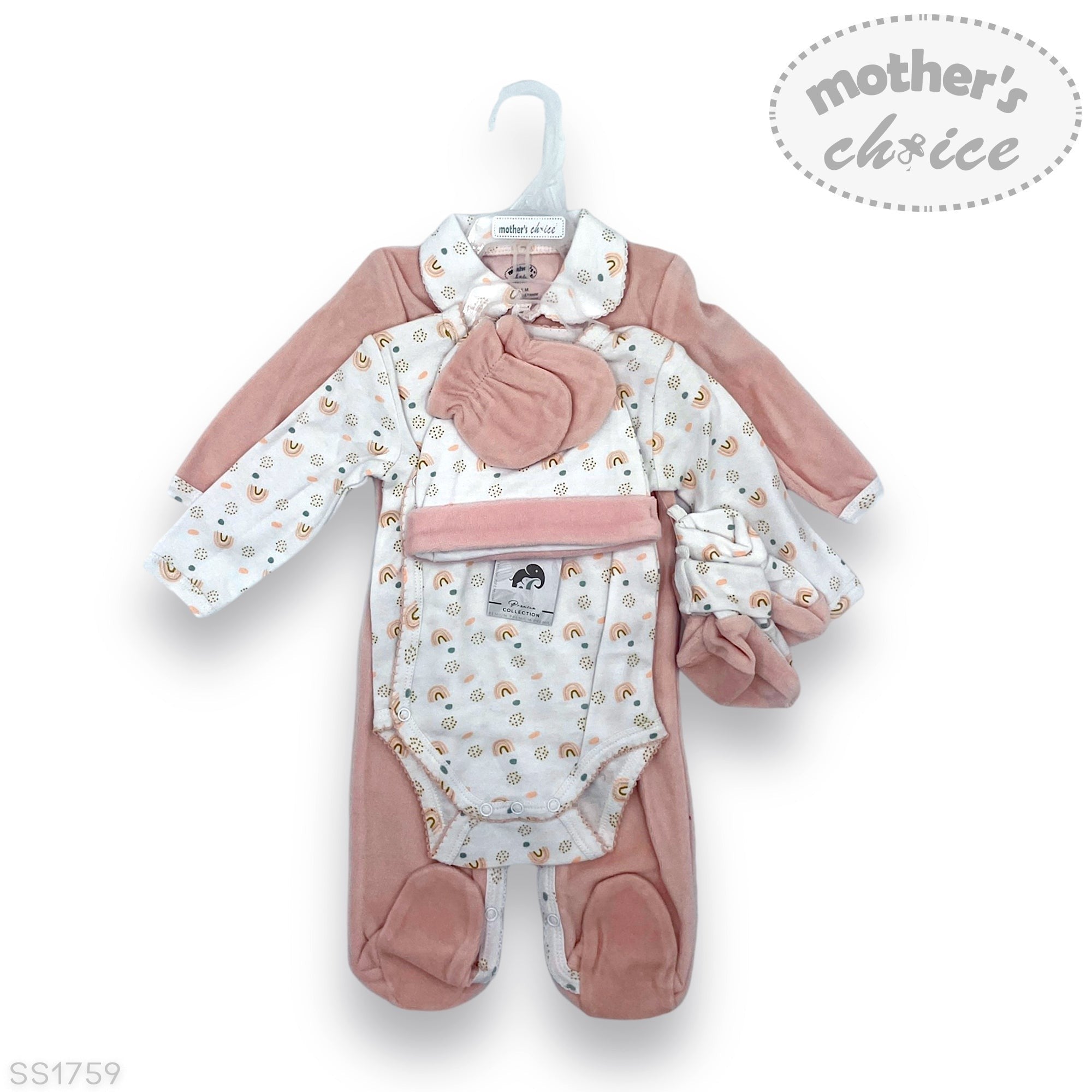 Baby snowsuit with floral pattern on a white background, branded 'Mother's Choice'.